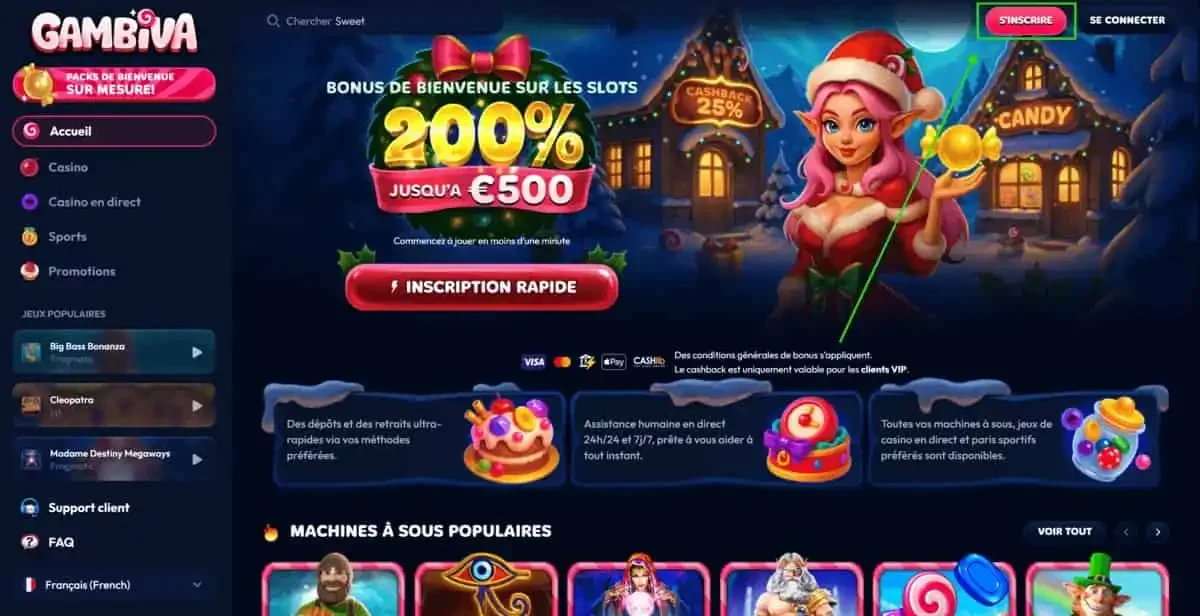 Bouton s'inscrire sur l'interface du casino en ligne Gambiva avec bonus de bienvenue 200 % sur les machines &agrave; sous