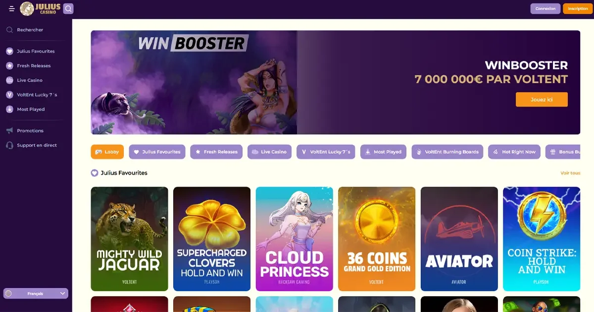 Page d&rsquo;accueil de Julius Casino avec machines &agrave; sous populaires et bonus Winbooster