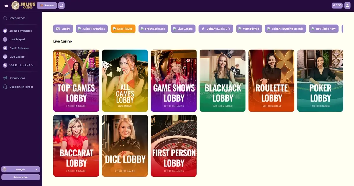 Jeux de casino en direct sur Julius Casino avec Evolution et Vivo Gaming : roulette, blackjack, poker et game shows