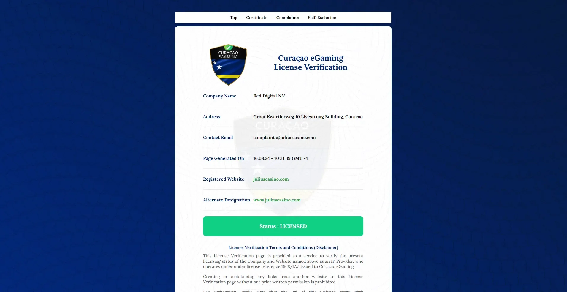 Licence officielle Cura&ccedil;ao eGaming de Julius Casino exploit&eacute;e par Red Digital N.V., statut : Licensed