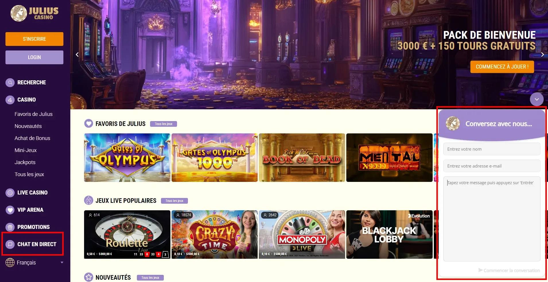 Fen&ecirc;tre du chat en direct sur Julius Casino accessible depuis le menu pour contacter le support 24h/24