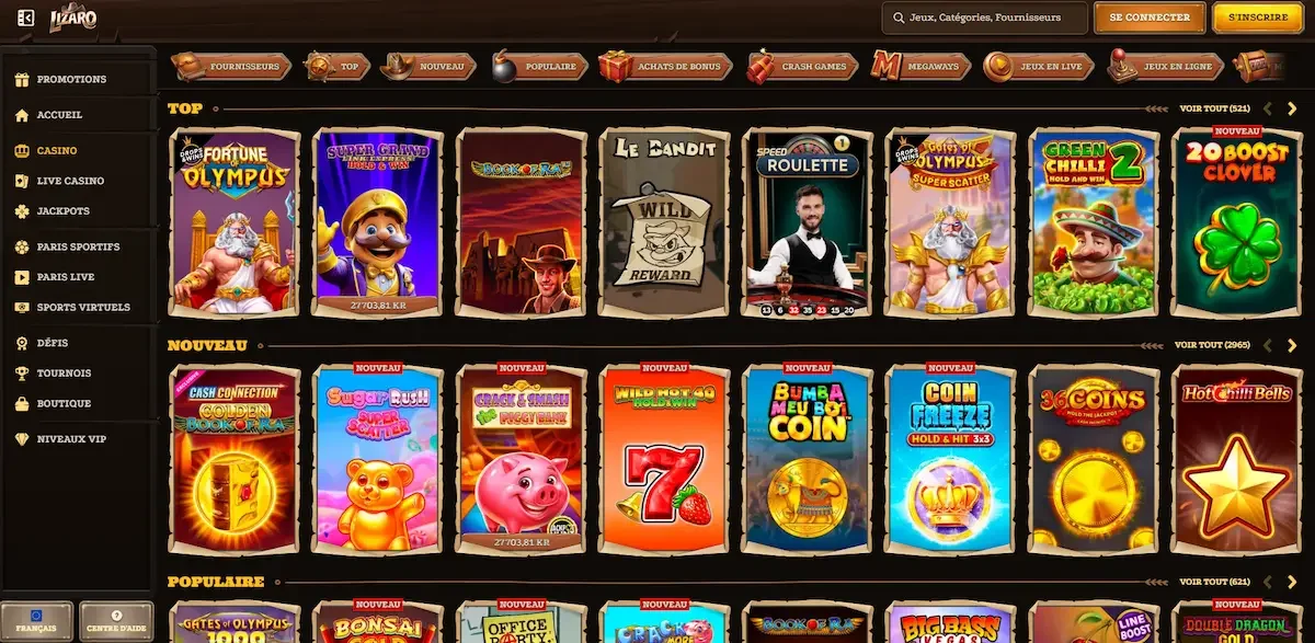 Interface des jeux de casino en ligne Lizaro avec machines &agrave; sous populaires, nouveaux jeux, bonus buy et crash games