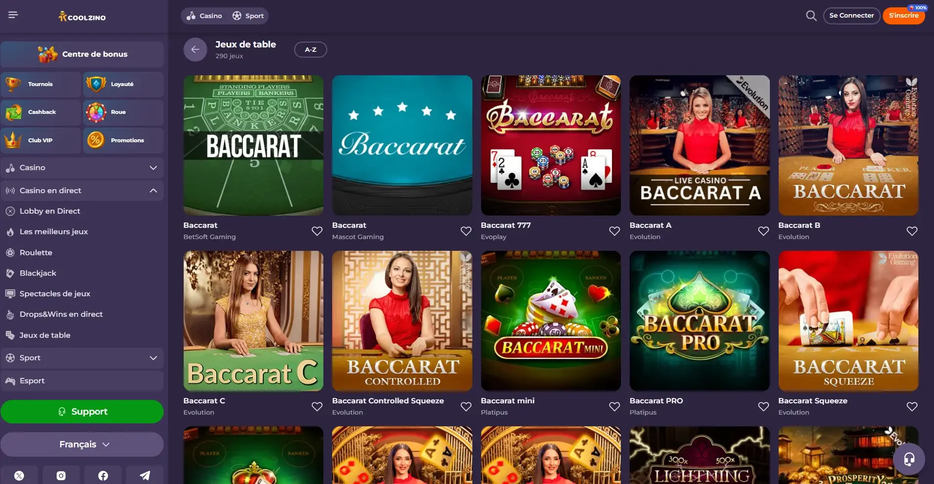 S&eacute;lection de jeux de baccarat en ligne disponibles sur le casino Coolzino