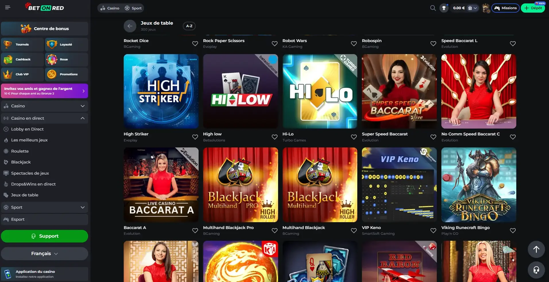 Les jeux de tables du casino en ligne BetonRed