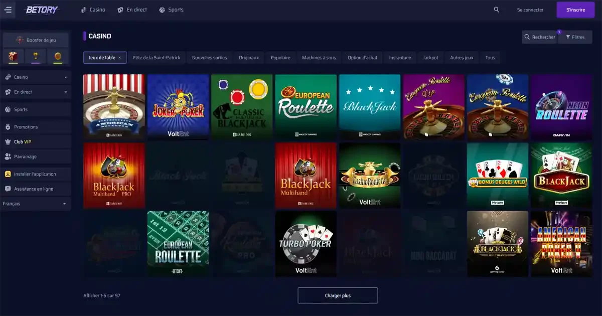 Les jeux de table de betory casino