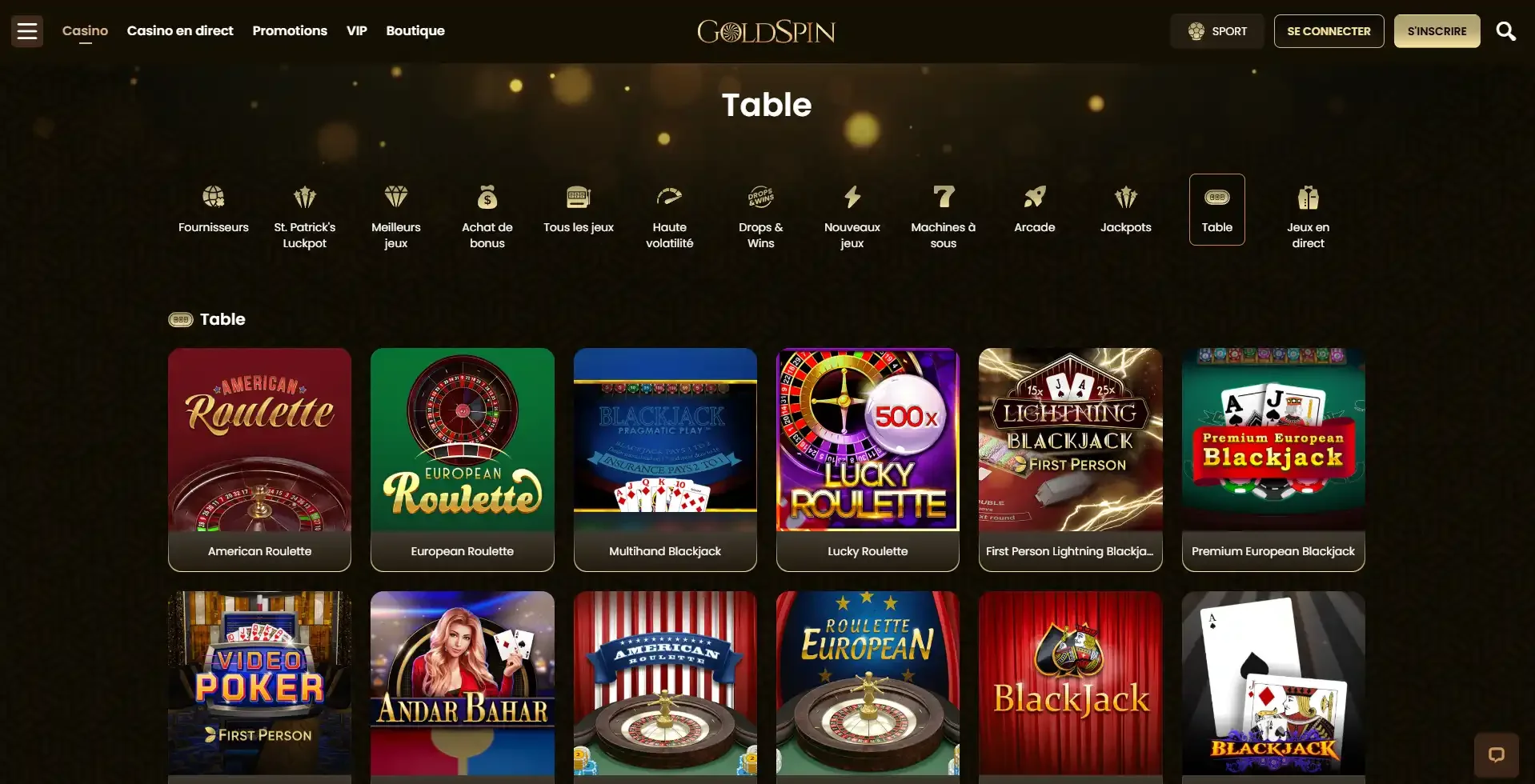 Jeux de table du casino en ligne Goldspin