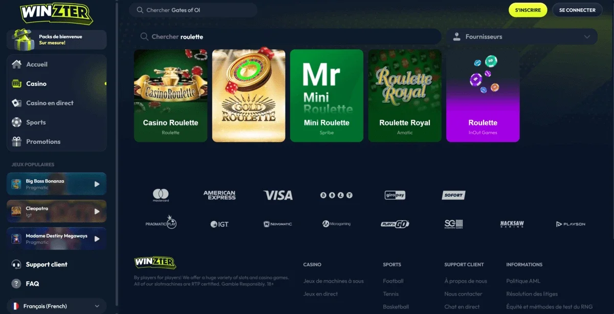 Lobby Winzter affichant les jeux de roulette Casino Roulette, Gold Roulette, Mini Roulette, Roulette Royal et Roulette
