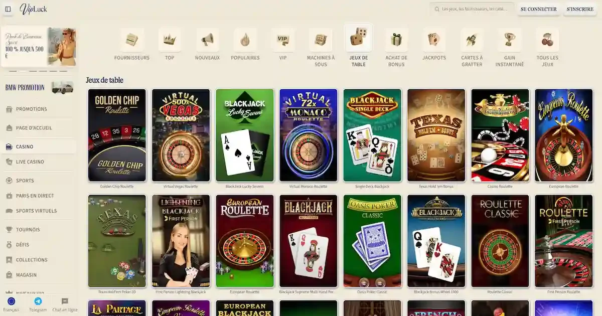 Les jeux de table sur vip luck casino en ligne