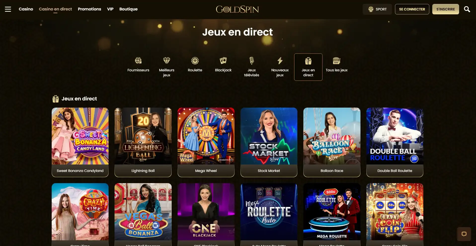 Jeux en direct du casino en ligne Goldspin