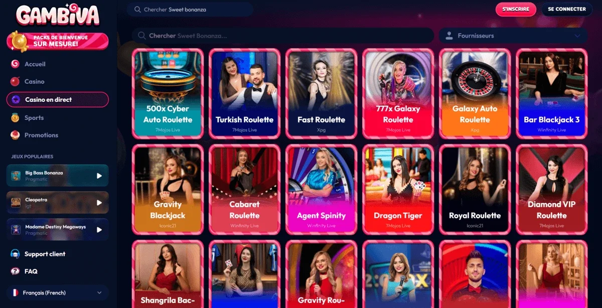 Page des jeux live du casino Gambiva