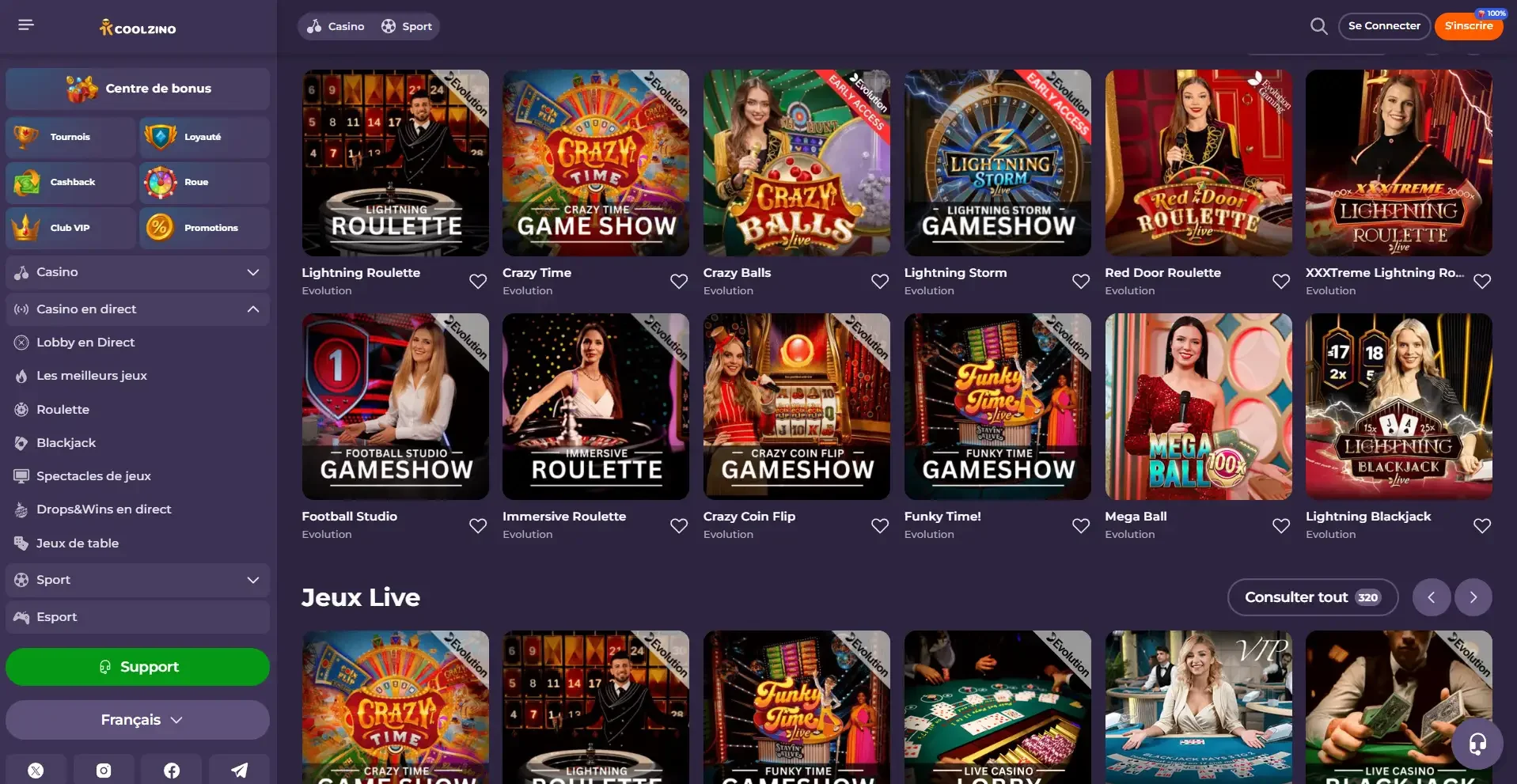 Jeux de casino en direct sur Coolzino avec Lightning Roulette, Crazy Time, Blackjack Live et spectacles Evolution Gaming