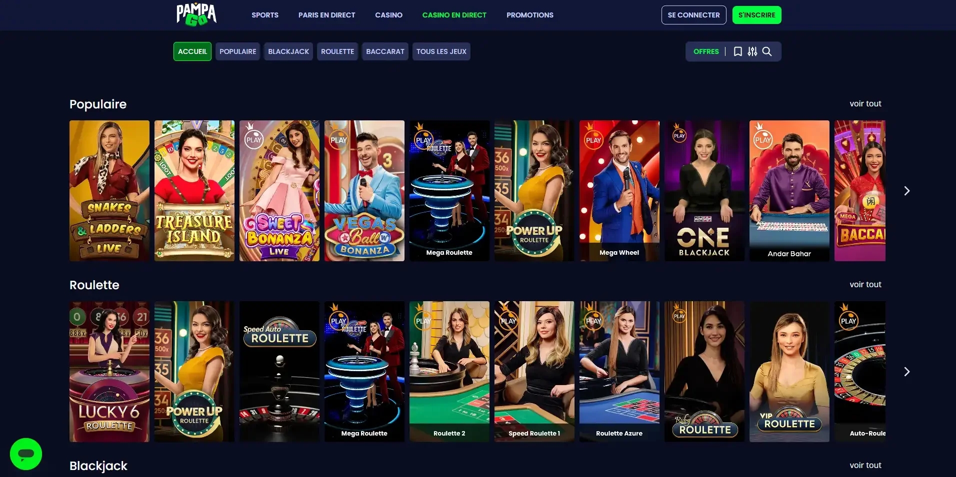 Les jeux en direct du casino en ligne PampaGo