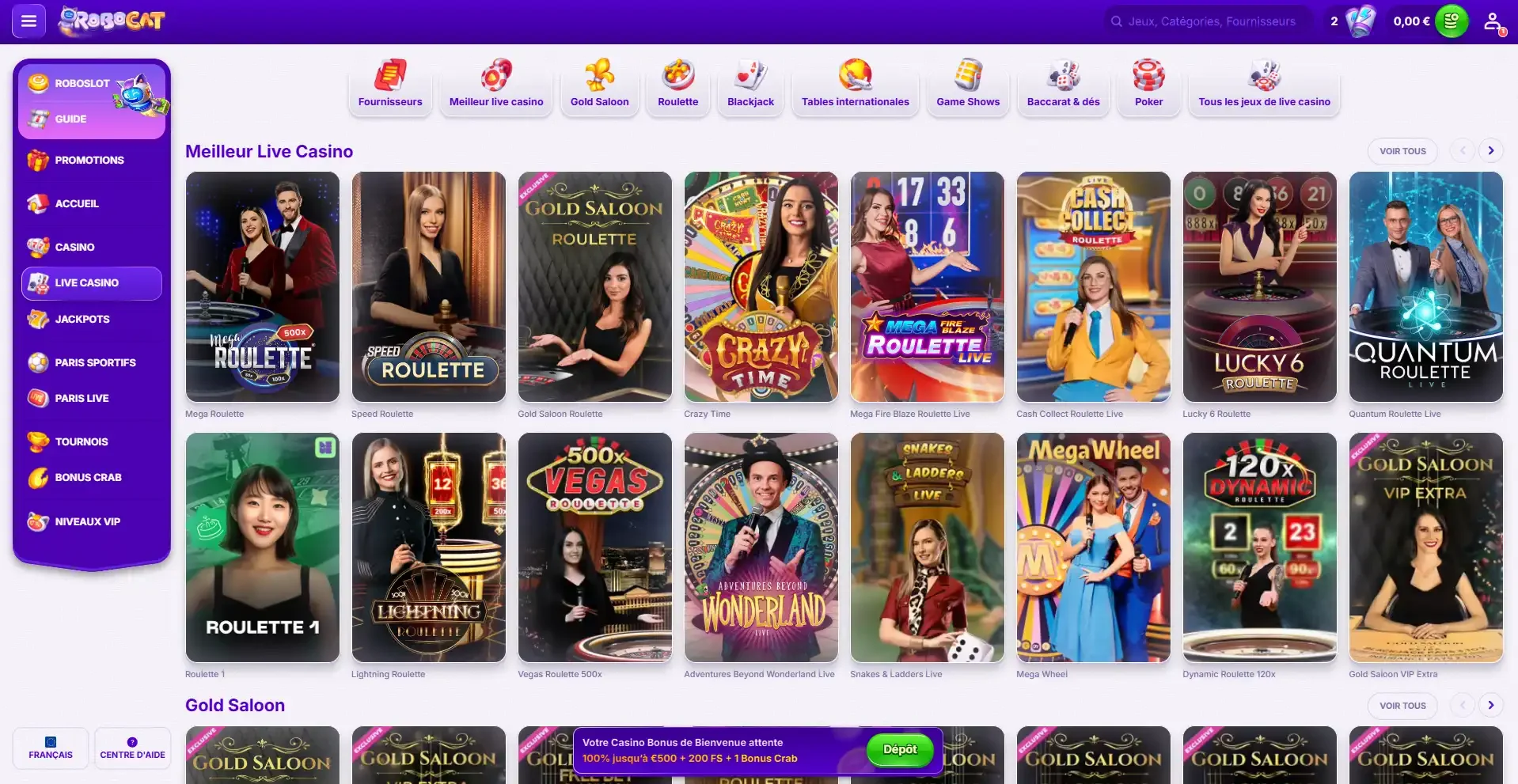 Les jeux en direct du casino en ligne robocat casino
