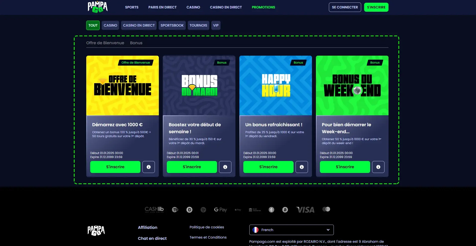 Promotions Pampago Casino : bonus de bienvenue 1000 &euro;, bonus du mardi, happy hour du vendredi et bonus du week-end jusqu&rsquo;&agrave; 1000 &euro;
