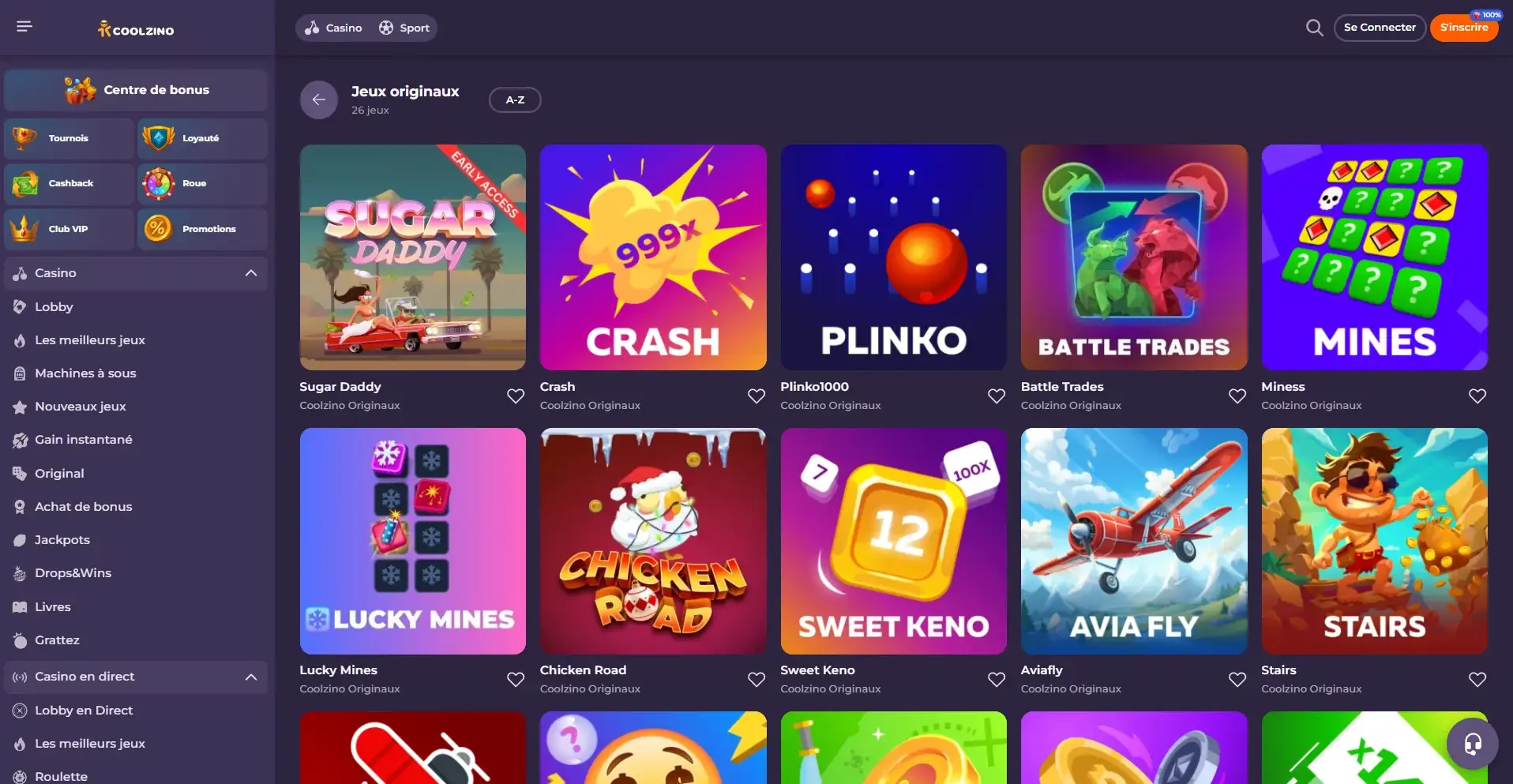 Exemples de jeux originaux comme Crash, Plinko ou Chicken Road sur Coolzino casino