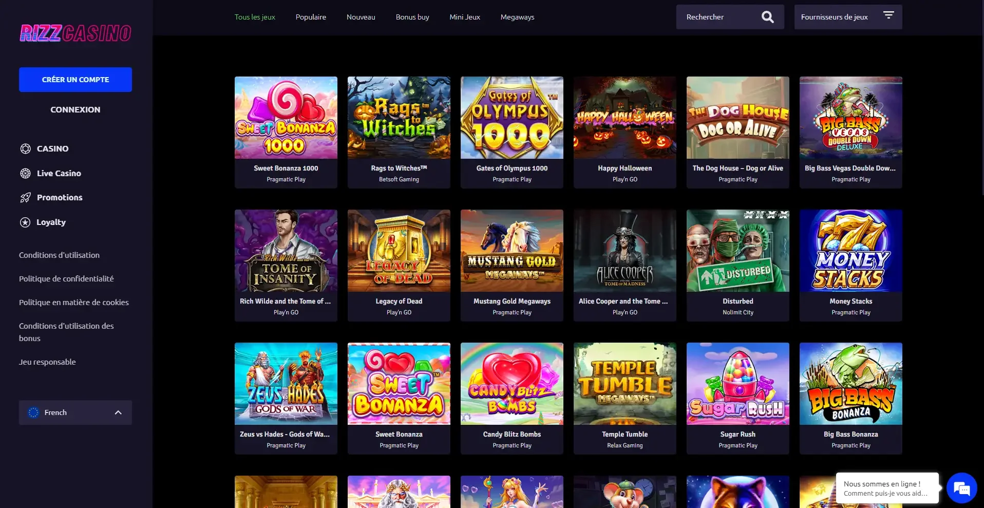 Les machines &agrave; sous du casino en ligne Rizz Casino