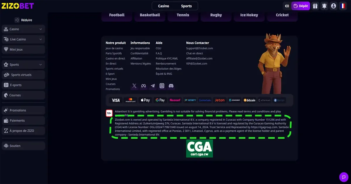 Licence casino Zizobet Cura&ccedil;ao CGA &ndash; op&eacute;rateur r&eacute;gul&eacute; avec certificat officiel et mentions l&eacute;gales
