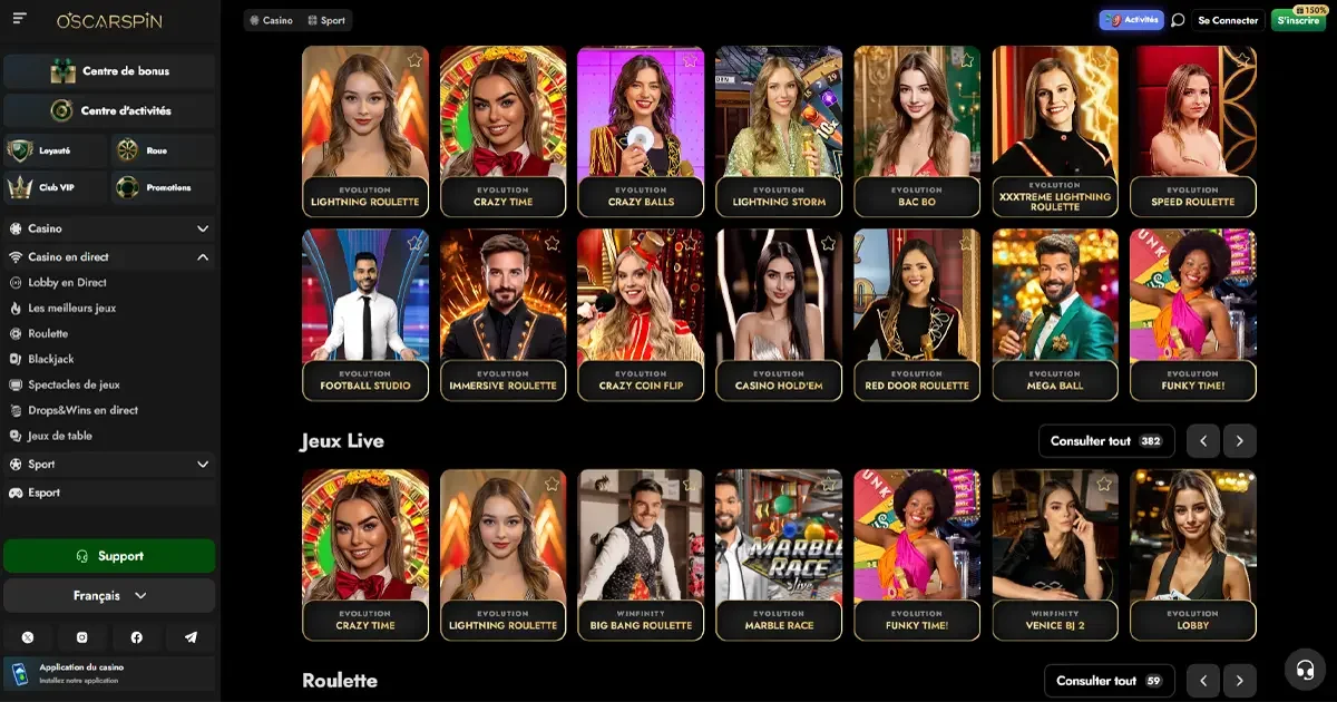 Jeux de casino en direct sur OscarSpin incluant Crazy Time, Lightning Roulette, Mega Ball et autres tables live