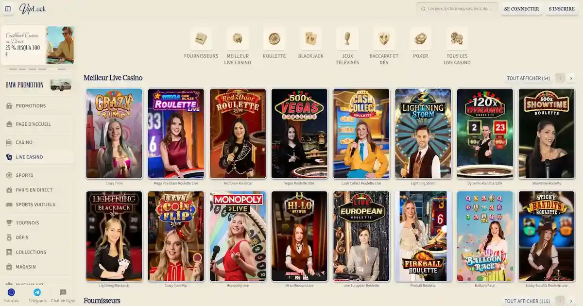 Page des jeux live casino du casino en ligne Vipluck
