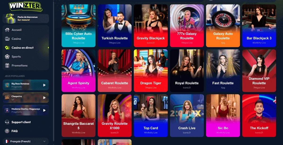 Page casino en direct sur le casino en ligne Winzter