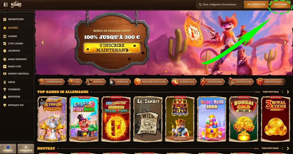 Page d&rsquo;accueil du casino Lizaro avec bonus de bienvenue et bouton inscription
