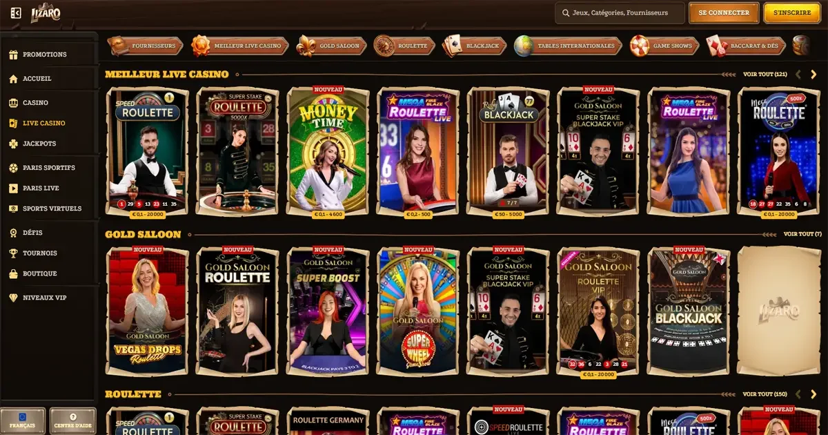 Interface du live casino Lizaro avec jeux de roulette, blackjack et tables de casino en direct