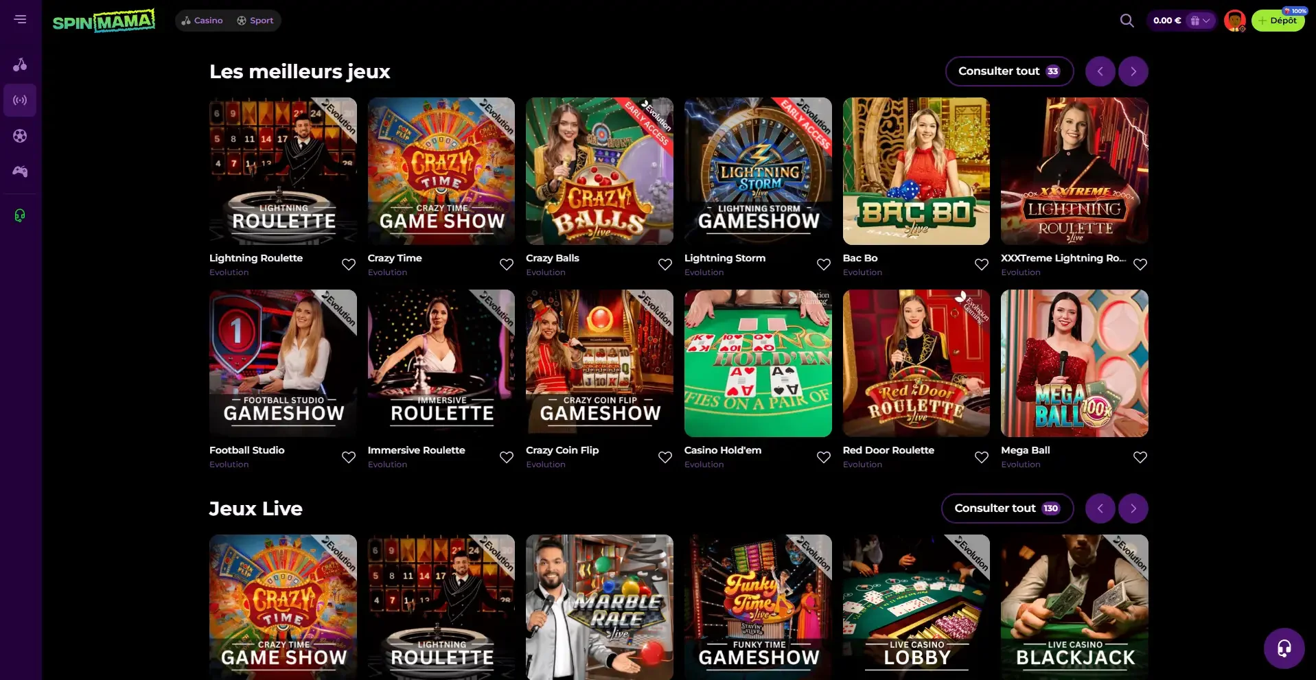 Lobby des jeux en direct spinmama casino