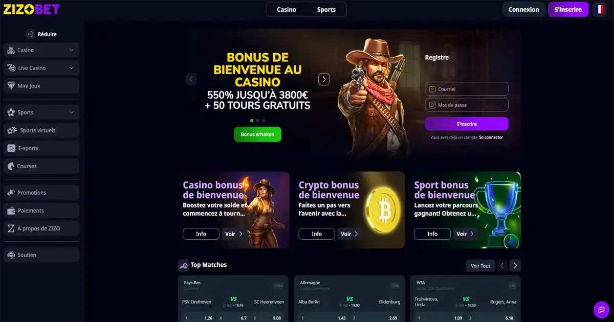 Bonus de bienvenue Zizobet casino 550% jusqu&rsquo;&agrave; 3800&euro; + 50 tours gratuits sur inscription