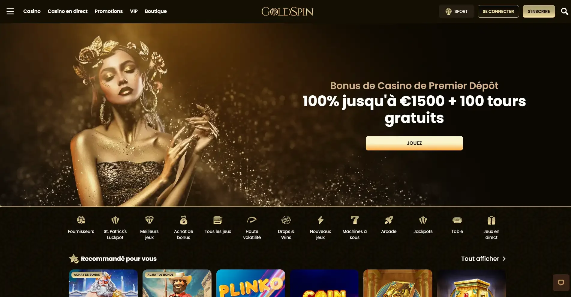 Page d&rsquo;accueil de GoldSpin Casino avec offre de bienvenue 100 % jusqu&rsquo;&agrave; 1500 &euro; et 100 tours gratuits sur fond dor&eacute; &eacute;l&eacute;gant