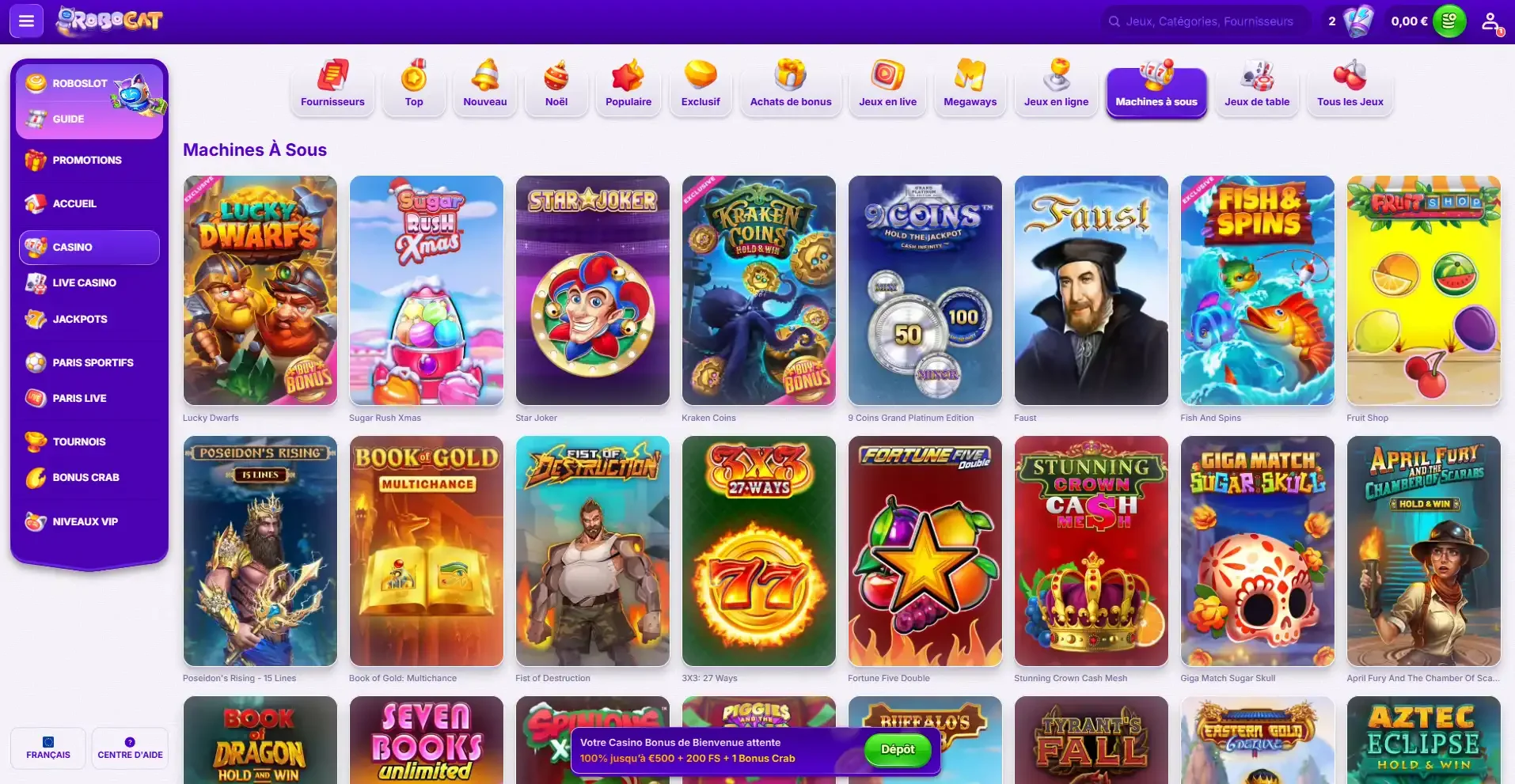 Page de machine &agrave; sous du casino Robocat