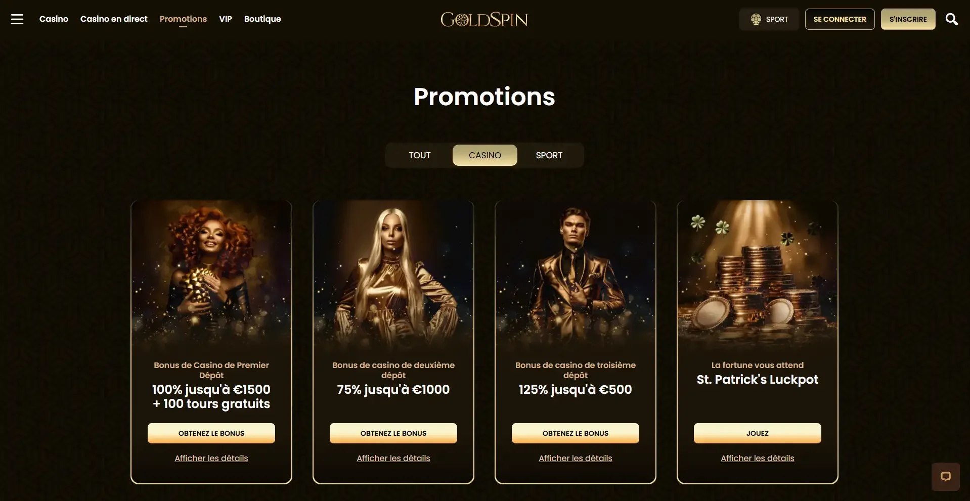 La page des promotions sur le casino en ligne Goldspin