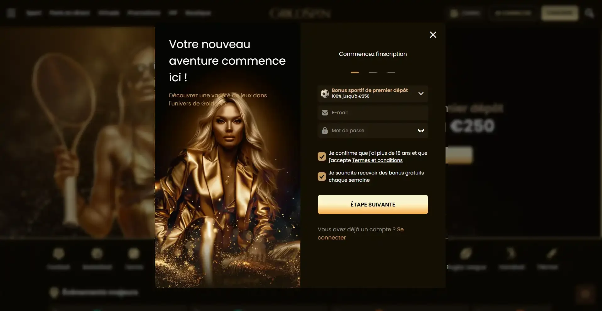 Page d'inscription &eacute;tape 2 du casino goldspin