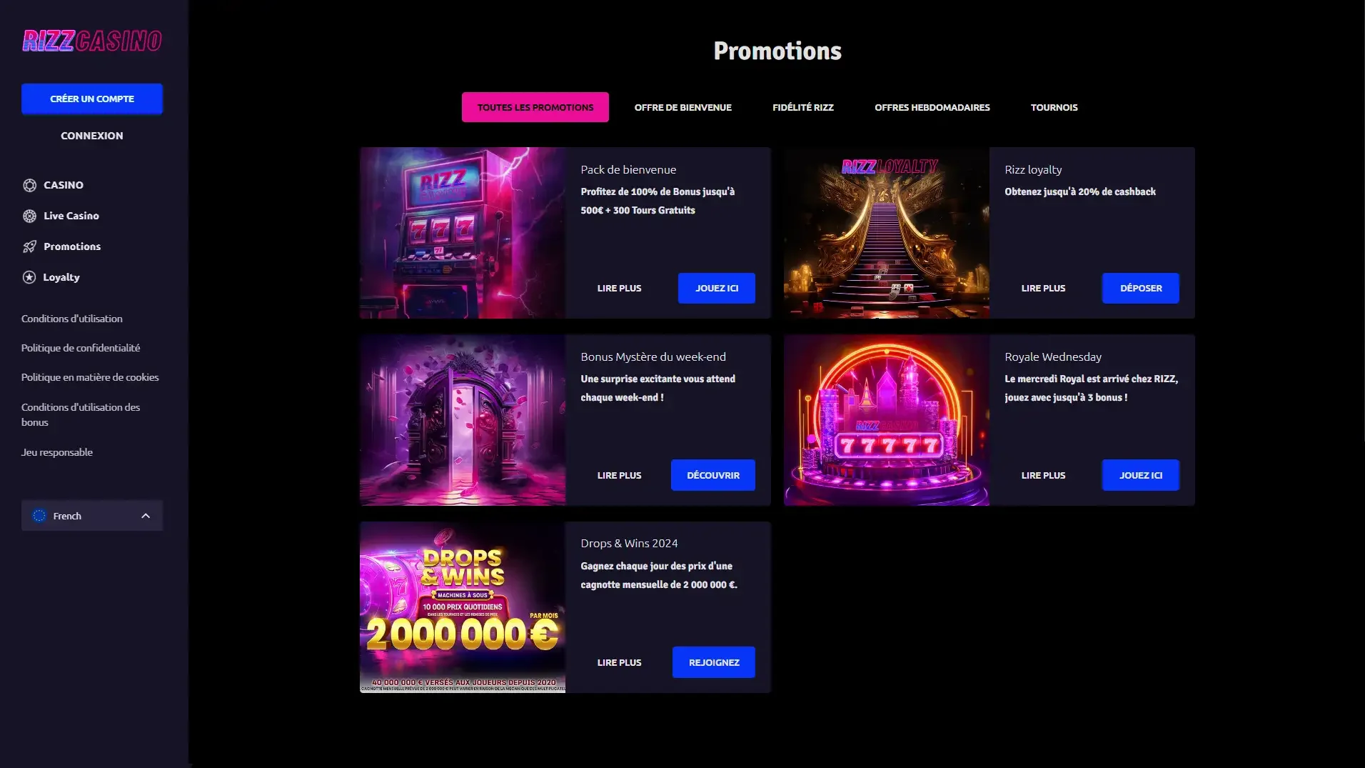 Les diff&eacute;rents bonus disponible sur le casino en ligne Rizz Casino