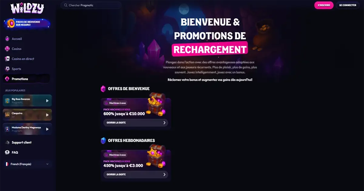 Promotions et bonus de rechargement sur Wildzy Casino avec offres de bienvenue et packs machines &agrave; sous