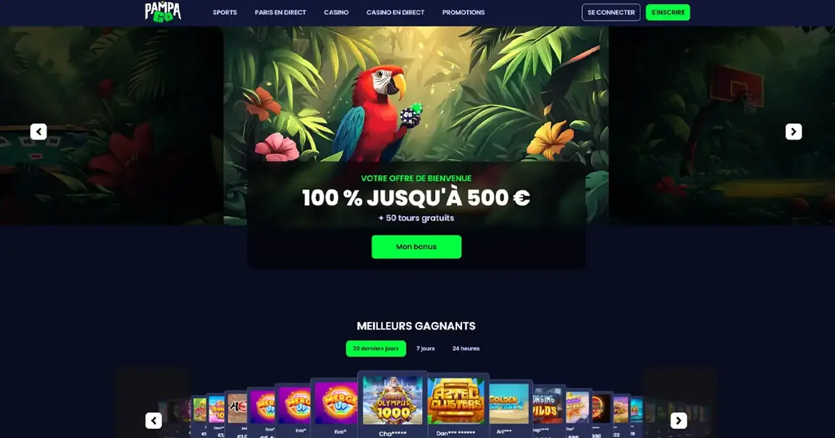 Page d&rsquo;accueil de Pampago Casino avec perroquet dans la jungle et bonus de bienvenue 100 % jusqu&rsquo;&agrave; 500 &euro; et 50 tours gratuits
