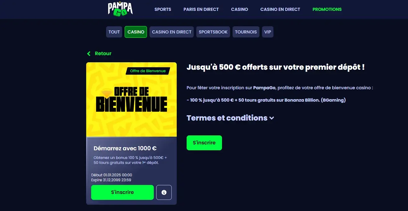 Bonus de bienvenue Pampago Casino : 100 % jusqu&rsquo;&agrave; 500 &euro; + 50 free spins sur Bonanza Billion