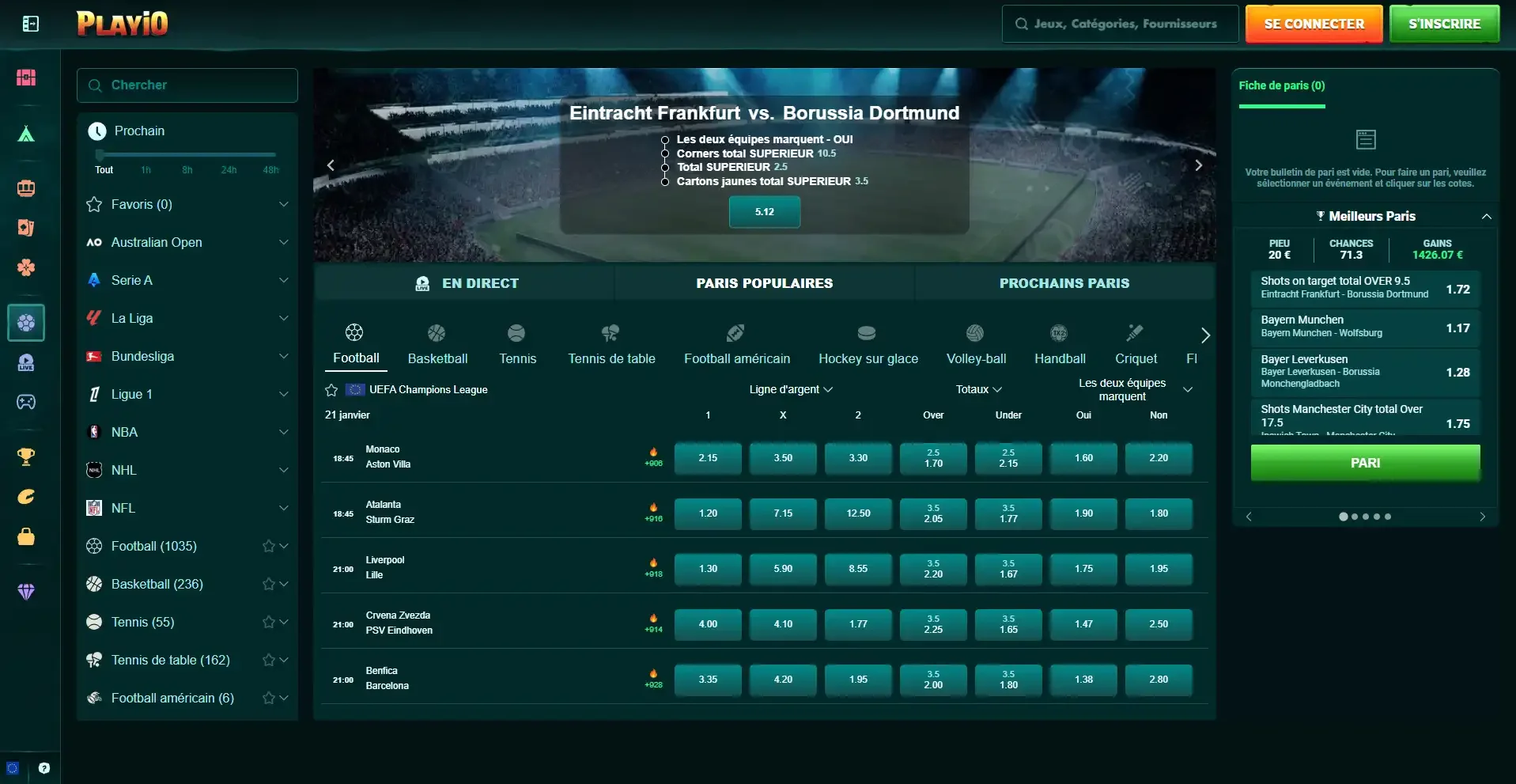 La section paris sportif du casino en ligne Playio