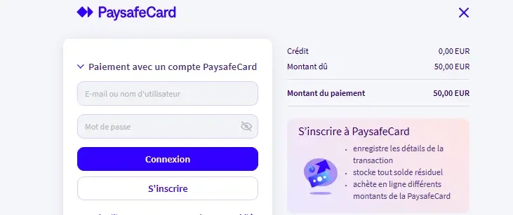 Page de d&eacute;p&ocirc;t sur un casino paysafecard
