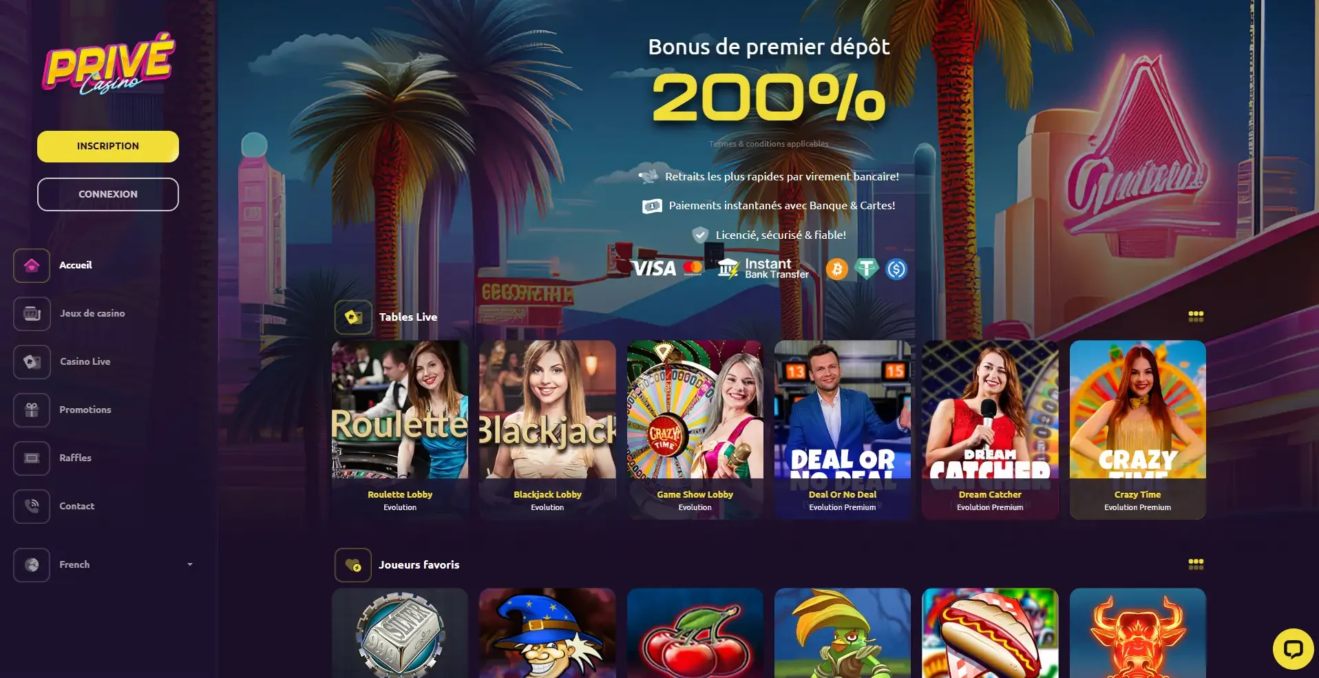 Page d'accueil du casino en ligne Privecasino