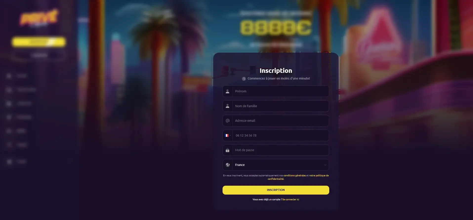 Privecasino formulaire d'inscription joueur