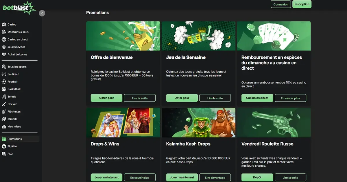 Aper&ccedil;u des promotions du casino BetBlast : bonus de bienvenue, cashback, jeux hebdomadaires, drops & wins et roulette russe