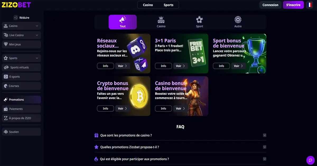 Promotions Zizobet : bonus casino, bonus sport, offre 3+1 freebet et bonus crypto de bienvenue