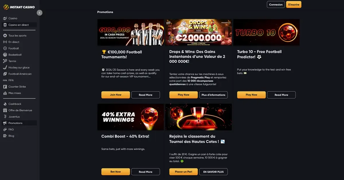 Promotions sportives et machines &agrave; sous sur Instant Casino avec 100 000&euro; en tournois football, 2 000 000&euro; en Drops & Wins et bonus de paris combin&eacute;s