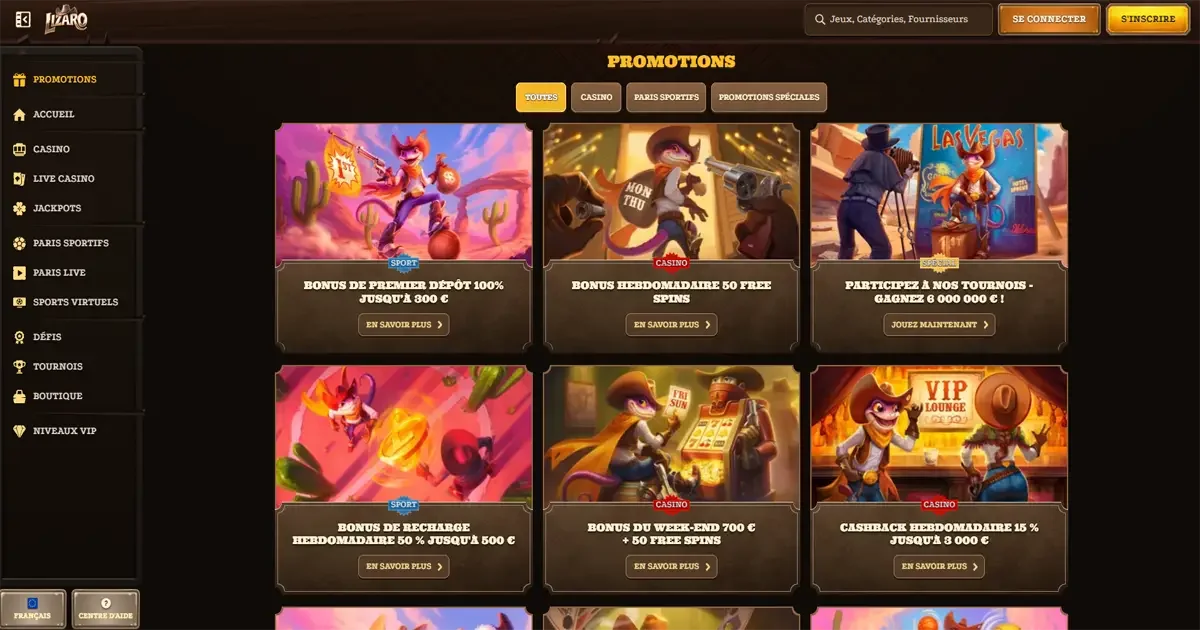 Page des promotions Lizaro Casino avec bonus de bienvenue, free spins, tournois et cashback VIP