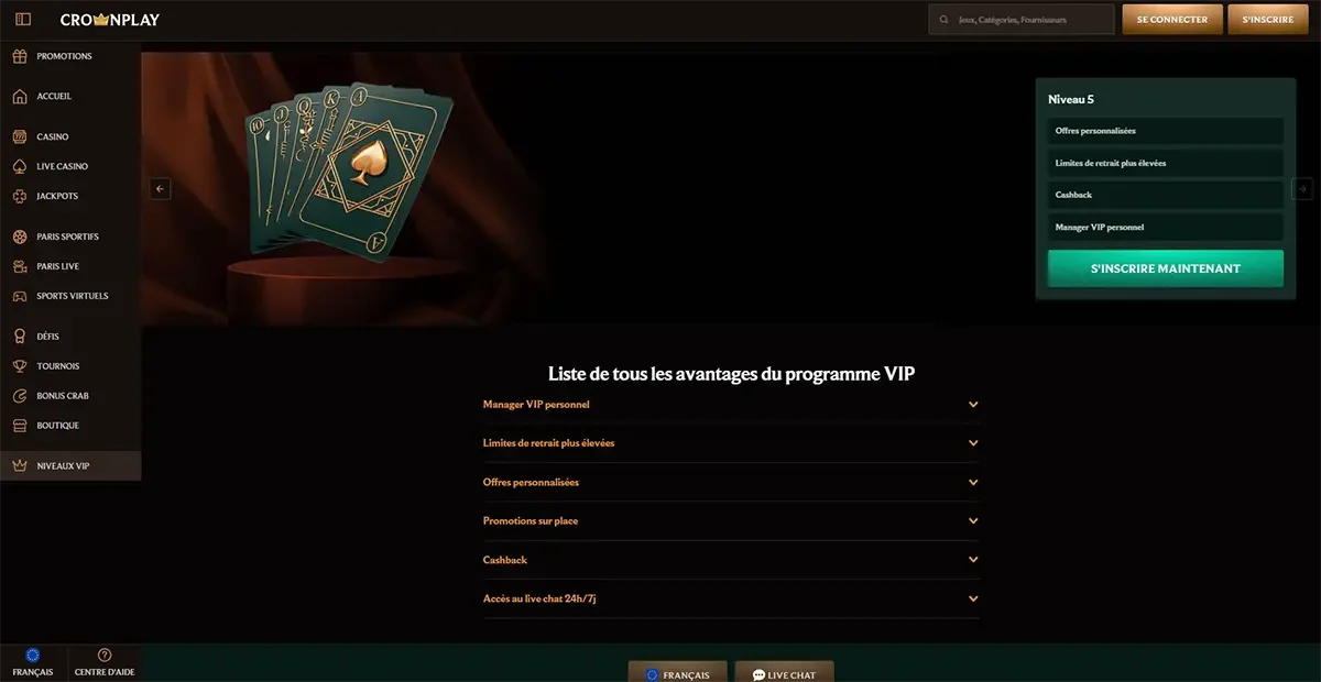 Avantages du programme VIP de CrownPlay Casino avec offres personnalis&eacute;es et cashback