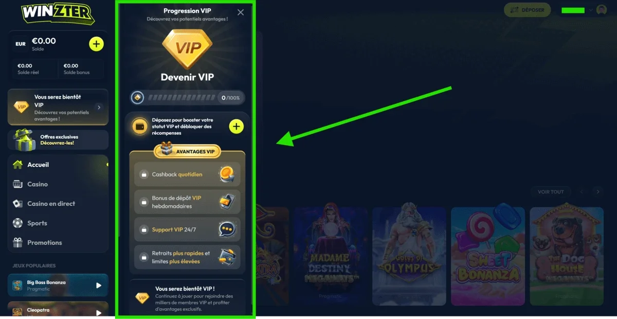 Vue VIP de Winzter affichant la progression, cashback quotidien, bonus de d&eacute;p&ocirc;t VIP et retraits plus rapides.