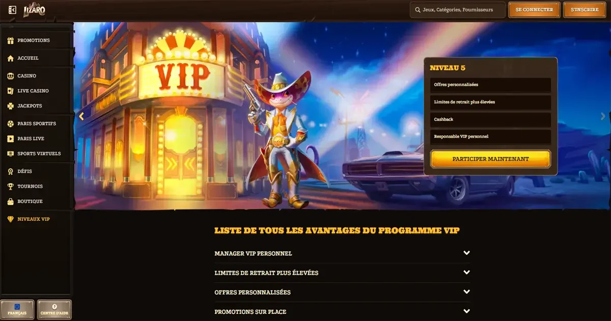 Programme VIP Lizaro Casino avec niveaux, avantages exclusifs, cashback, limites de retrait &eacute;lev&eacute;es et manager personnel