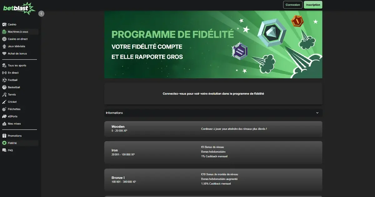 Programme de fid&eacute;lit&eacute; du casino BetBlast avec niveaux XP, bonus hebdomadaires et cashback mensuel pour les joueurs r&eacute;guliers