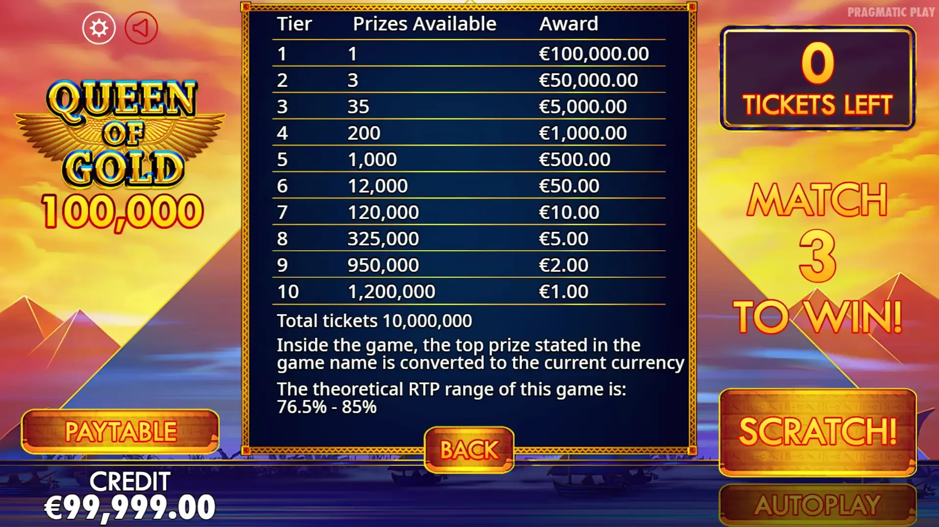 Paytable du jeu Queen of Gold Scracthcard