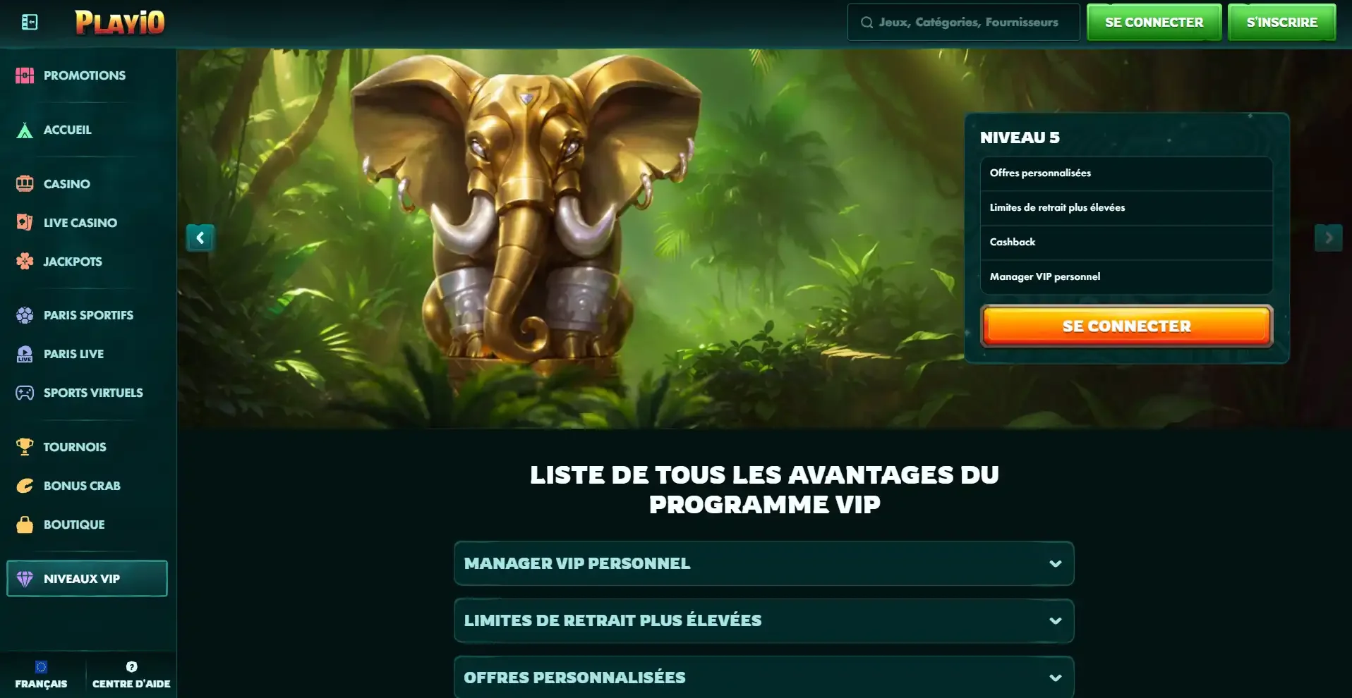 Rang VIP du casino en ligne Playio casino